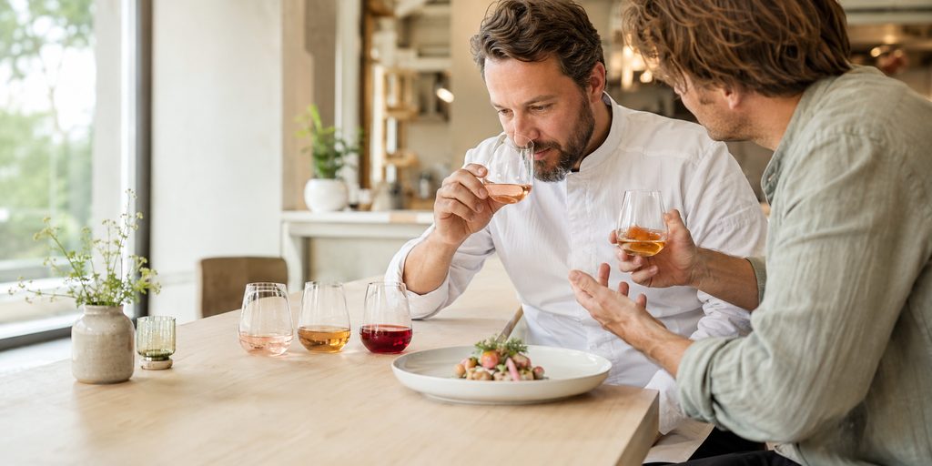 Rohane et un chef composent ensemble une boisson signature au comptoir d'un restaurant.