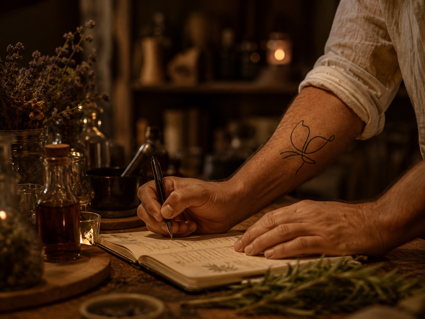 Two hands muddle strawberries and fresh herbs in a glass beaker, with an open botanical notebook and test tubes on the bright background.