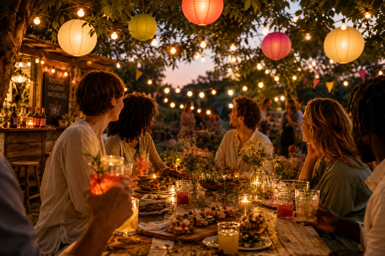 A convivial table in a sunny garden: several people share colourful fruit-and-herb drinks and small bites, surrounded by wildflowers.
