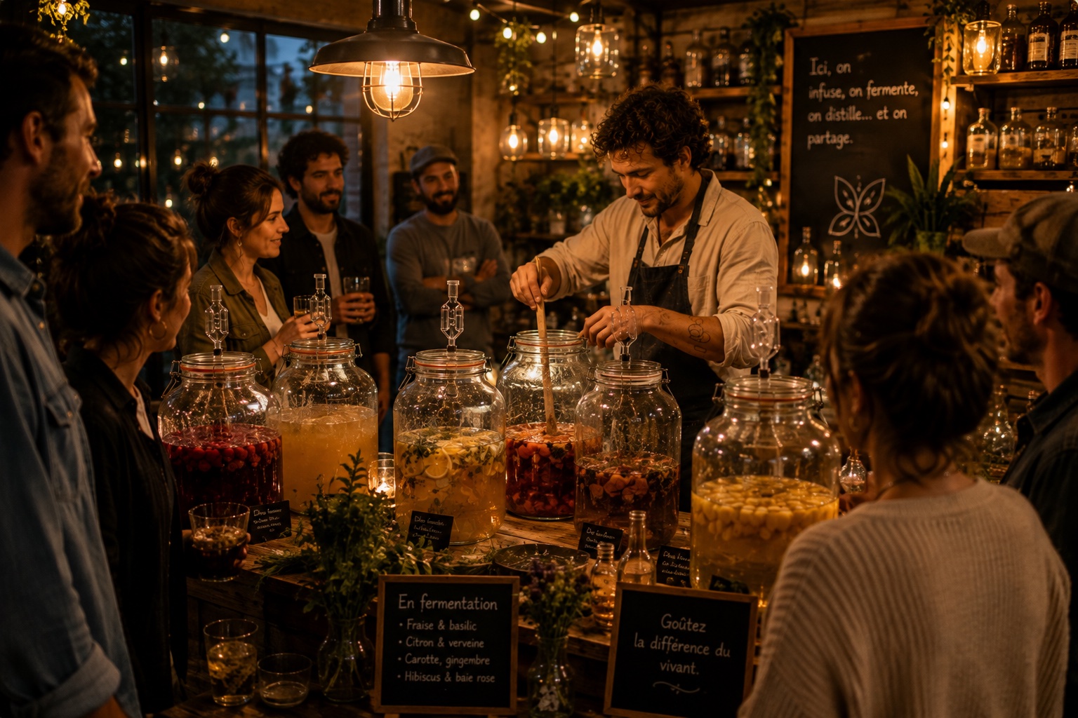 Laboratoriumglaswerk en een kleine distilleerketel tijdens een distillatie, met verse planten ernaast.