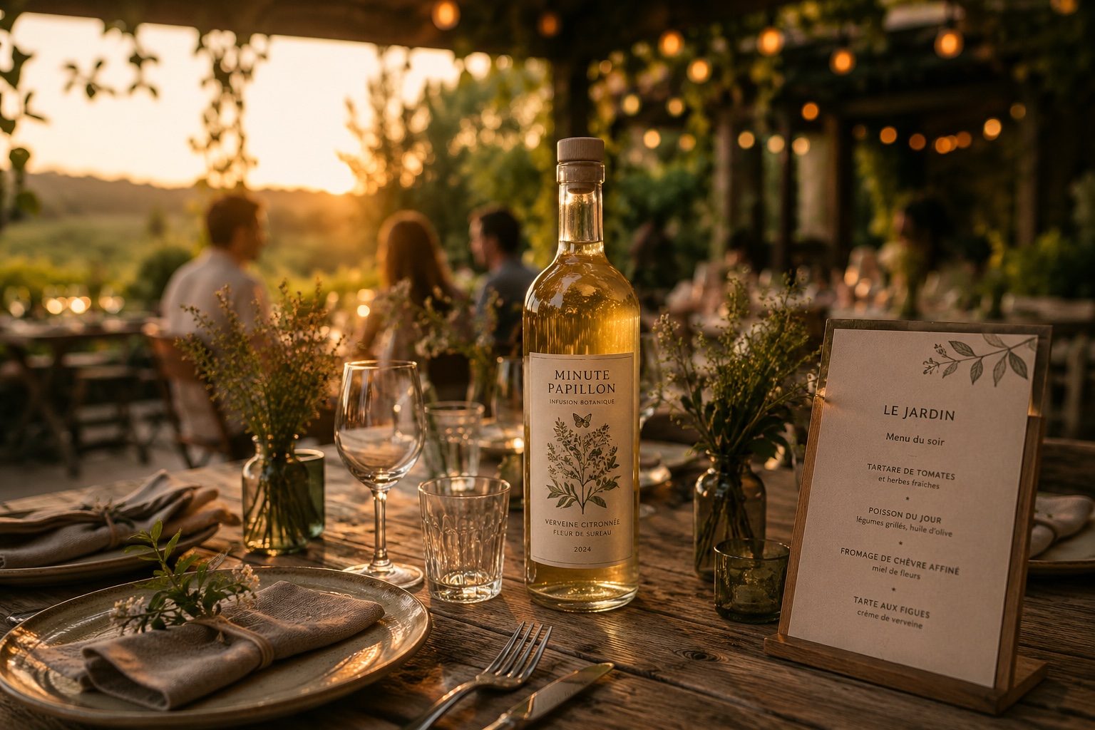 A convivial table in a sunny garden: several people share colourful fruit-and-herb drinks and small bites, surrounded by wildflowers.